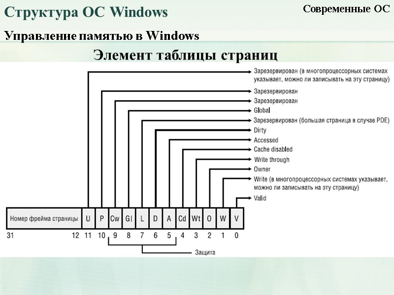 Управление памятью в Windows Современные ОС Структура ОС Windows Элемент таблицы страниц